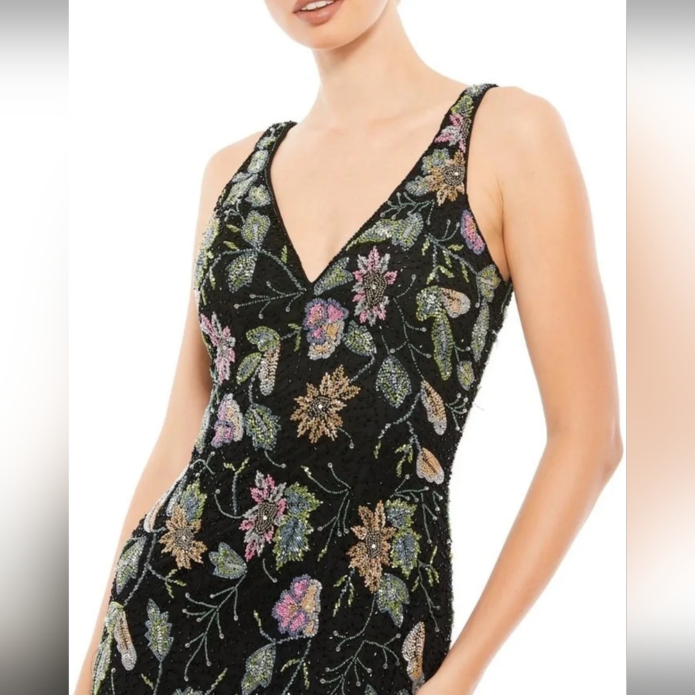 NWT Mac Duggal Fully Beaded Floral Sleeveless Column Gown Black size 16 - Picture 2 of 4